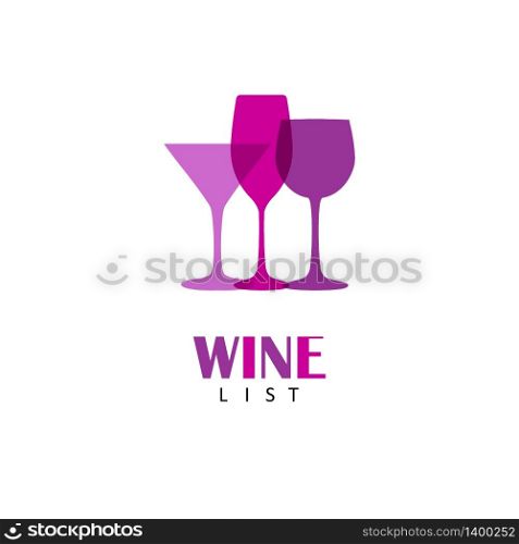 Wine, champagne and martini cocktail glass vector icon. Concept for bar menu, party, alcohol drinks, celebration holidays. Abstract colorful logo design template.. Abstract colorful logo design template. Wineglass vector icon. Concept for bar menu, party, alcohol drinks, celebration holidays.