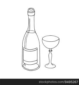 wine champagne bottle, glass illustration, drawing lineart,. wine, champagne bottle and glass, illustration, drawing lineart, vector