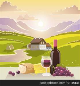 Wine cheese and bread with mountain landscape and country house on background vector illustration. Mountain Landscape With Wine And Cheese