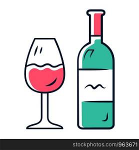 Wine color icon. Bottle and classic footed glass with red wine. Vine tasting. Alcoholic beverage from fermented grapes or fruits. Drink for dinner and party. Isolated vector illustration