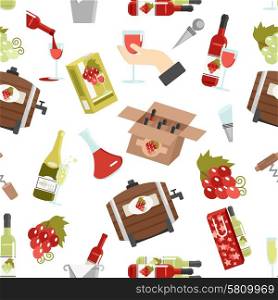 Wine Color Seamless Pattern. Wine in bottles kegs and glasses with accessories color seamless pattern vector illustration