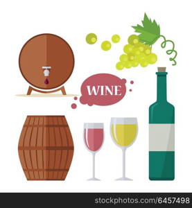 Wine Consumption Icon Set. Viniculture Production. Wine consumption icon set. Collection of glasses, grapes, bottle, barrels. Check elite vintage strong red and white vine. Part of series of viniculture production and preparation items. Vector