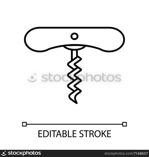Wine corkscrew with spiral linear icon. Bottle opening tool thin line illustration. Barman and sommelier equipment contour symbol. Cork remover. Vector isolated outline drawing. Editable stroke