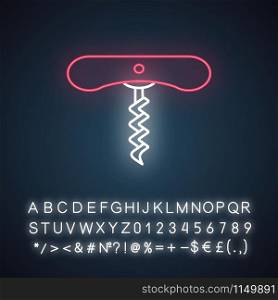 Wine corkscrew with spiral neon light icon. Bottle opening tool. Barman and sommelier equipment. Cork remover. Glowing sign with alphabet, numbers and symbols. Vector isolated illustration