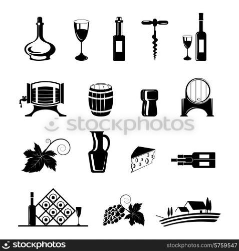 Wine decorative black icons set with barrel corkscrew bottle isolated vector illustration