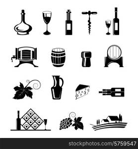 Wine decorative black icons set with barrel corkscrew bottle isolated vector illustration