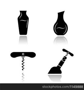 Wine drop shadow black glyph icons set. Different types of decanters. Corkscrew, bottle opening tools. Barman equipment. Alcohol beverage, aperitif drink. Isolated vector illustrations