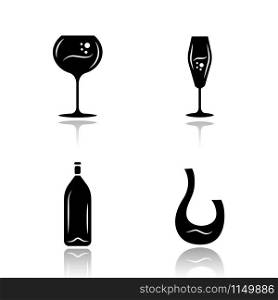 Wine drop shadow black glyph icons set. Different types of wineglasses. Decanter, bottle. Aperitif drink, party cocktail, bar alcohol beverage. Isolated vector illustrations