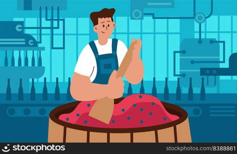 Wine factory production and process fermenting aging or tasting bottler. Made vineyard bottle flat vector illustration. Press vine grape and farmer expert to winemaking. Industrial machine viticulture