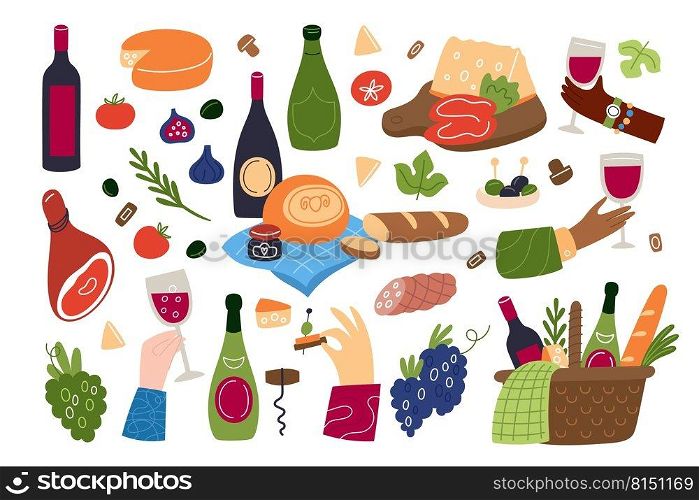 Wine food. Meal and drinks. Picnic baskets with delicacies. French cuisine gastronomy. Hands holding glasses. Alcohol bottles. Cheese and bread. Snacks to beverage. Garish vector gourmet products set. Wine food. Meal and drinks. Picnic baskets with delicacies. French cuisine gastronomy. Hands holding glasses. Cheese and bread. Snacks to beverage. Garish vector gourmet products set