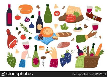 Wine food. Meal and drinks. Picnic baskets with delicacies. French cuisine gastronomy. Hands holding glasses. Alcohol bottles. Cheese and bread. Snacks to beverage. Garish vector gourmet products set. Wine food. Meal and drinks. Picnic baskets with delicacies. French cuisine gastronomy. Hands holding glasses. Cheese and bread. Snacks to beverage. Garish vector gourmet products set