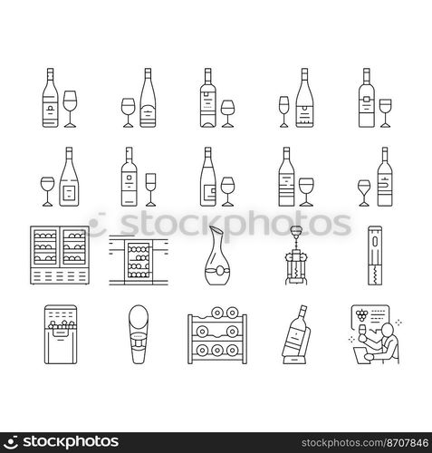 wine glass alcohol red bottle icons set vector. drink white, bar vine, winery ch&agne, vineyard wineglass, label grape, food wine glass alcohol red bottle black contour illustrations. wine glass alcohol red bottle icons set vector