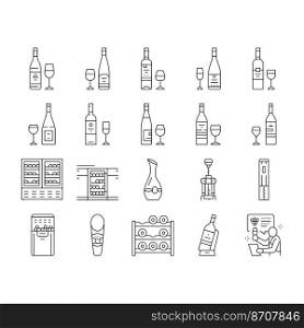 wine glass alcohol red bottle icons set vector. drink white, bar vine, winery ch&agne, vineyard wineglass, label grape, food wine glass alcohol red bottle black contour illustrations. wine glass alcohol red bottle icons set vector