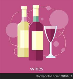 Wine glass and bottle. Vines item icons in flat design style on stylish background . Wine glass and bottle