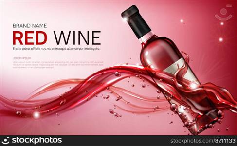 Wine glass bottles in flowing red liquid realistic vector illustration. Clear winery bottle for alcohol, closed with cork in red wawy water splash with drops and bubbles, advertising magazine. Wine glass bottles in flowing red liquid realistic