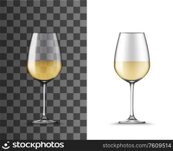 Wine glass cup with white wine, vector 3D realistic mockup. Wineglass with narrow bowl shape for sweet and dry wines, isolated table glassware mock up on transparent background. 3D realistic white wine glass cup, mockup