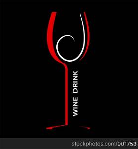 Wine glass icon flat design red and white on black, stock vector illustration