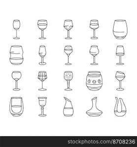 wine glass red drink alcohol icons set vector. cup bar, merlot party, cabernet bottle, ch&agne liquid, restaurant, goblet wine glass red drink alcohol black contour illustrations. wine glass red drink alcohol icons set vector