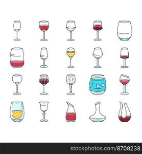 wine glass red drink alcohol icons set vector. cup bar, merlot party, cabernet bottle, ch&agne liquid, restaurant, goblet wine glass red drink alcohol color line illustrations. wine glass red drink alcohol icons set vector