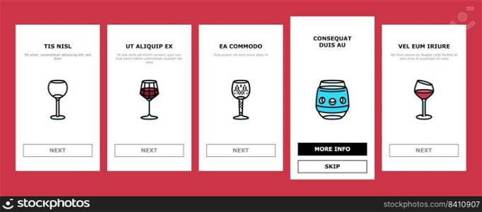 wine glass red drink alcohol onboarding mobile vector. cup bar, merlot party, cabernet bottle, ch&agne liquid, restaurant, goblet wine glass red drink alcohol color line illustrations. wine glass red drink alcohol onboarding icons set vector