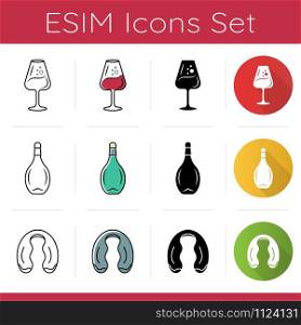 Wine glasses and bottles icons set. Aperitif glassware. Foil cutter. Sommelier and barman tools. Alcohol beverage. Flat design, linear, black and color styles. Isolated vector illustrations