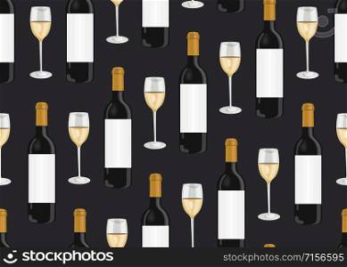 Wine glasses and bottles seamless pattern on black background, White grapes pattern background, White wine vector illustration.