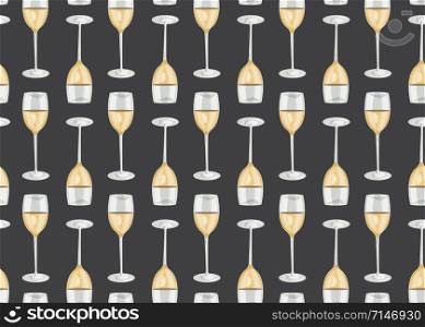 Wine glasses seamless pattern on black background, White wine vector illustration.