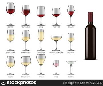 Wine glasses types, white and red wine alcohol drink cups, vector realistic mockup isolated set. Wine glasses shapes and types for Bordeaux, Shiraz, Chardonnay, martini and prosecco wine and champagne. Wine glasses types, white and red wine drink cups