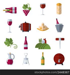 Wine growing production and consumption flat icons set with warehouse barrels and grape abstract vector isolated illustration. Wine flat icons set