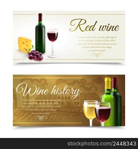 Wine horizontal banners set with cheese and grape bunch isolated vector illustration. Wine Banners With Cheese