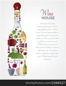 Wine house advertisement icons composition bottle shape poster with ice bucket and cheese abstract vector isolated illustration. Wine bottle icons compositions poster