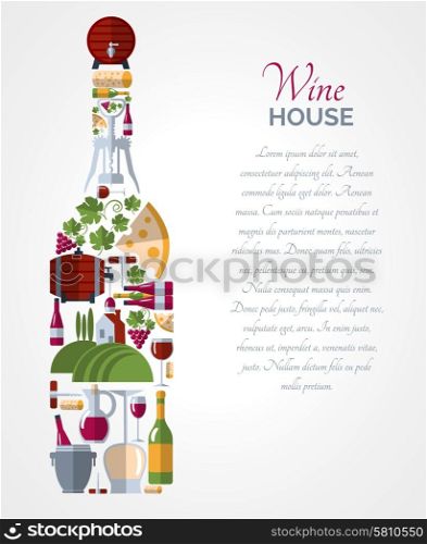 Wine house advertisement icons composition bottle shape poster with ice bucket and cheese abstract vector isolated illustration. Wine bottle icons compositions poster