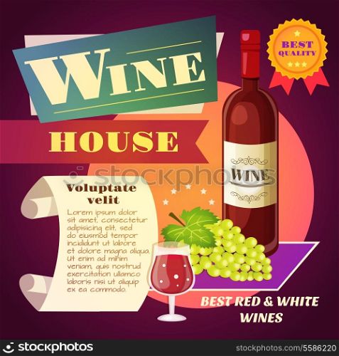 Wine house restaurant vintage poster with bottle and grape bunch vector illustration
