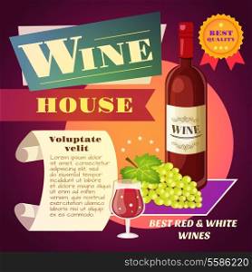 Wine house restaurant vintage poster with bottle and grape bunch vector illustration