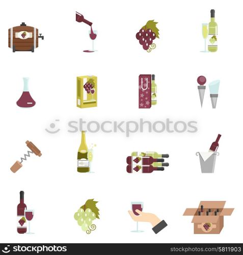 Wine icon flat set with barrel corkscrew grape isolated vector illustration. Wine Icon Flat