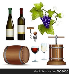 Wine icons collection flat. Traditional vinery farm production with grape press and red wine bottle flat icons collection abstract vector illustration