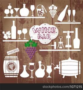 Wine icons design set. Vector stock illustration.. stock illustration of white icons on wooden texture. Vintage pattern.
