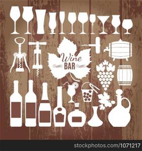 Wine icons design set. Vector stock illustration.. Vector stock illustration of white icons on wooden texture. Vintage pattern.