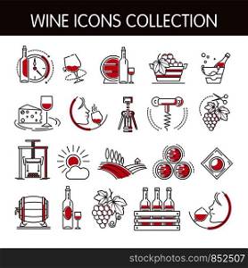 Wine icons vector collection set for winemaking or wine productions industry. Isolated winery wine glass or bottle and corkscrew opener, sommelier drink and vine vintage with grape in winepress. Wine icons vector collection set for winemaking or winery production industry