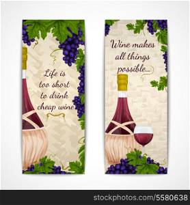 Wine jar glass and grape branches decoration vertical banners set vector illustration