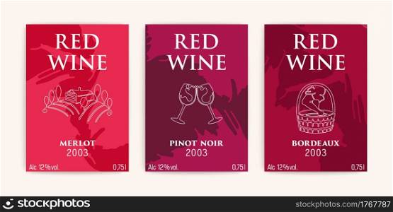 Wine label design. Three saturated red shades. Minimalistic composition of liquid splash spots. Contemporary outline art. Vector templates . Wine label design. Three saturated red shades. Minimalistic composition of liquid splash spots. Contemporary outline art. Vector cards