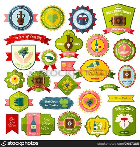 Wine label emblems and ribbons flat colored set of isolated vector illustration