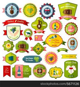 Wine label emblems and ribbons flat colored set of isolated vector illustration