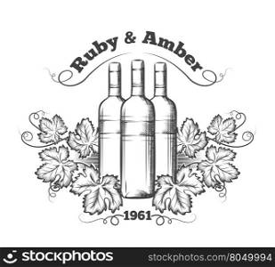 Wine label with bottles and grapes. Wine label with bottles of wine and bunches of grapes. Vector illustration