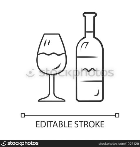 Wine linear icon. Bottle and classic footed glass with wine. Vine tasting. Alcoholic beverage. Thin line illustration. Contour symbol. Vector isolated outline drawing. Editable stroke