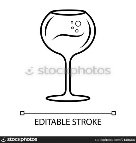 Wine linear icon. Chardonnay wineglass thin line illustration. Alcohol beverage with bubbles contour symbol. Bar, restaurant tableware, glassware.. Vector isolated outline drawing. Editable stroke