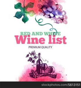 Wine list. Hand drawn sketch and watercolor illustration. Menu design