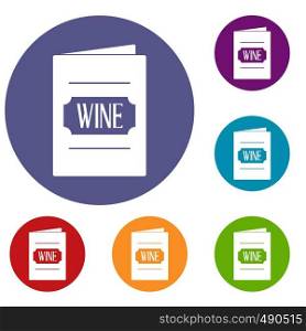 Wine list icons set in flat circle red, blue and green color for web. Wine list icons set