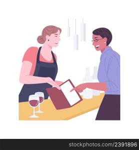 Wine list isolated cartoon vector illustrations. Young woman choosing beverage from a wine list, communication with waiter, sommelier advice, red and white wine, going out vector cartoon.. Wine list isolated cartoon vector illustrations.