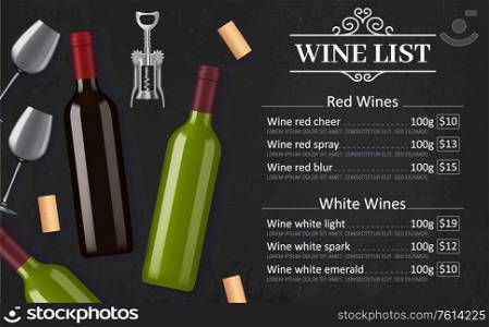 Wine list vector menu template of red and white grape alcohol drinks. Bottles, glasses, corks and corkscrew on black chalkboard background with vintage vignette. Winery, restaurant or bar wine list. Wine list vector menu of alcohol drinks
